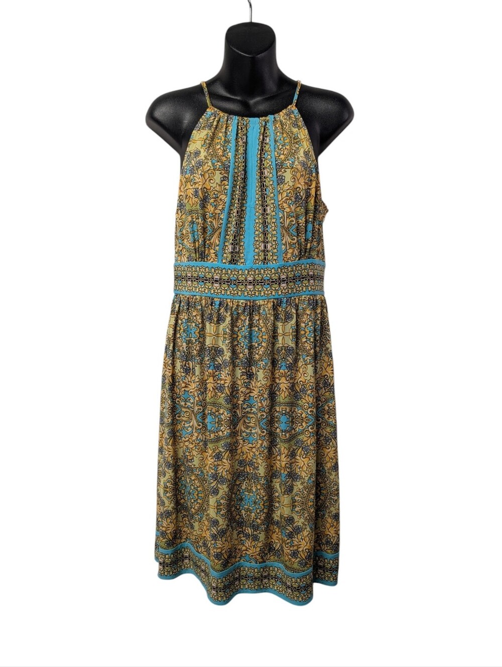 London Times Women Yellow Teal Paisley Halter Neck Midi Dress Sleeveless Size 6